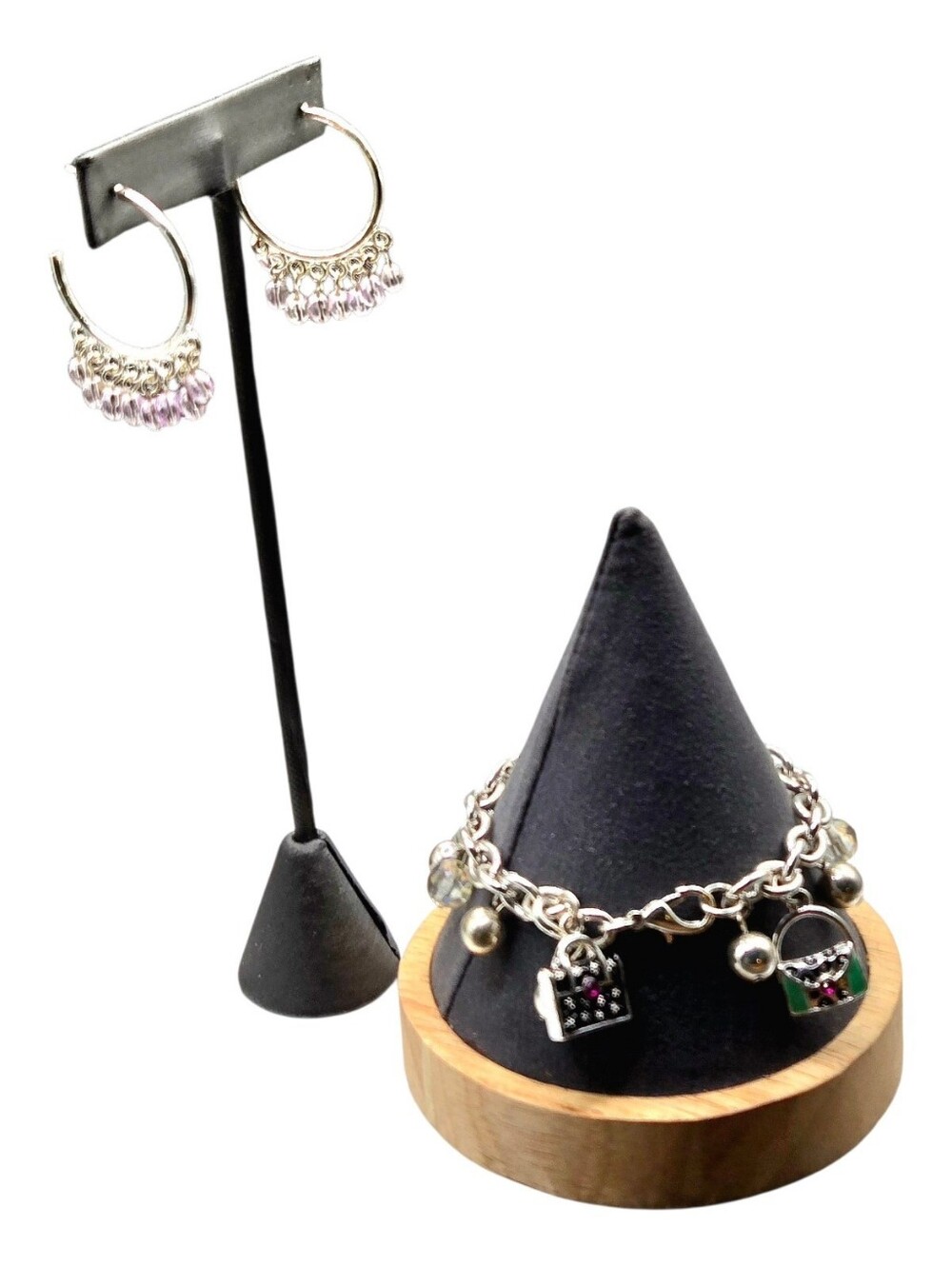 "5/$40" Silvertone Jewelry Set, Hoop Bead Earrings/Enamel Purse Charm Bracelet